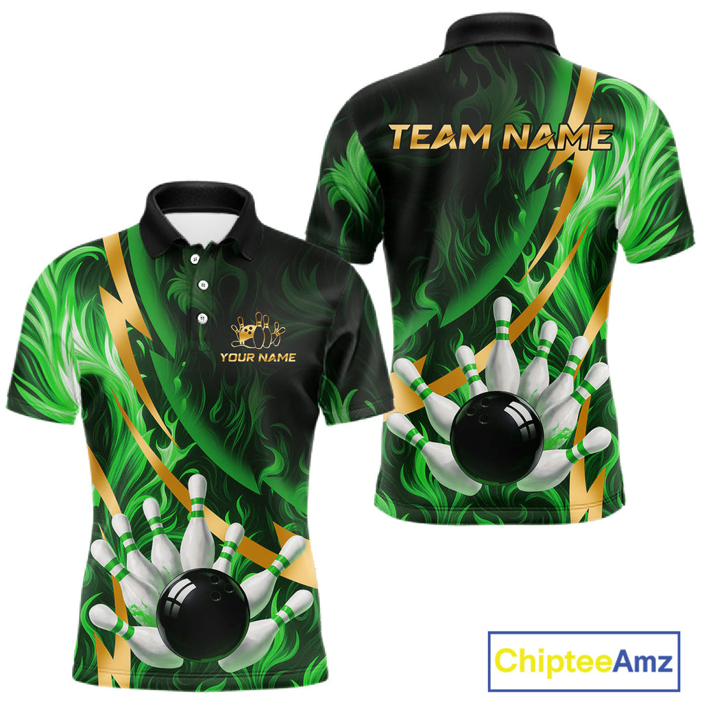 Personalized Bowling Polo, Quarter Zip Shirts Custom Green Flame and Gold Bowling Team Jersey