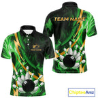 Personalized Bowling Polo, Quarter Zip Shirts Custom Green Flame and Gold Bowling Team Jersey