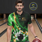 Personalized Bowling Polo, Quarter Zip Shirts Custom Green Flame and Gold Bowling Team Jersey