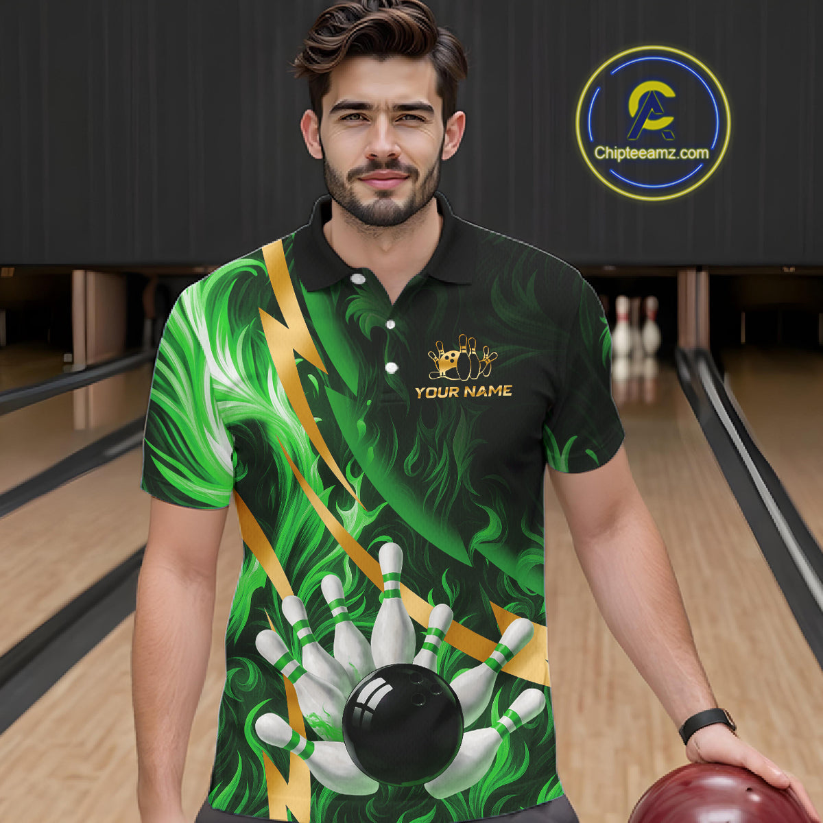 Personalized Bowling Polo, Quarter Zip Shirts Custom Green Flame and Gold Bowling Team Jersey
