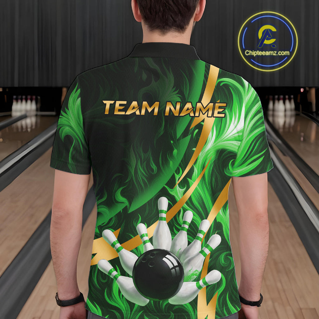 Personalized Bowling Polo, Quarter Zip Shirts Custom Green Flame and Gold Bowling Team Jersey