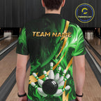 Personalized Bowling Polo, Quarter Zip Shirts Custom Green Flame and Gold Bowling Team Jersey