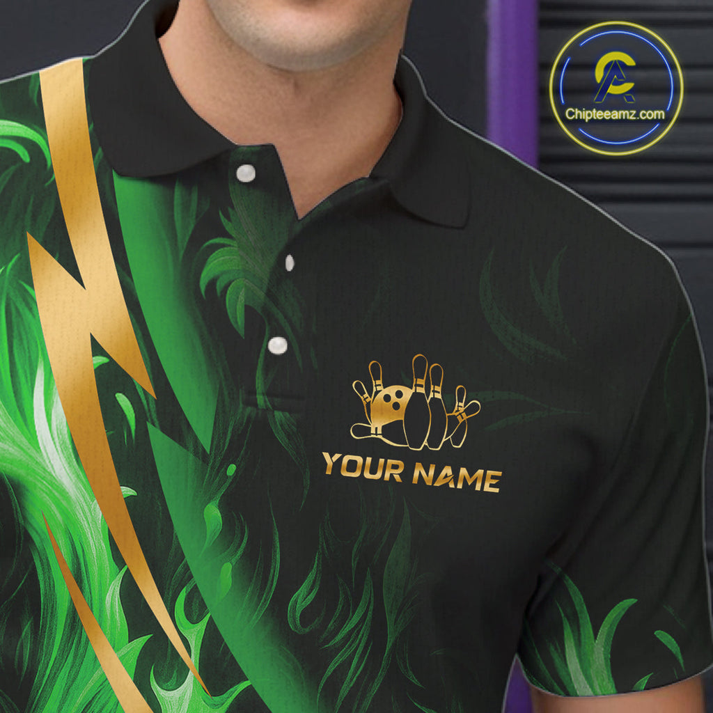 Personalized Bowling Polo, Quarter Zip Shirts Custom Green Flame and Gold Bowling Team Jersey