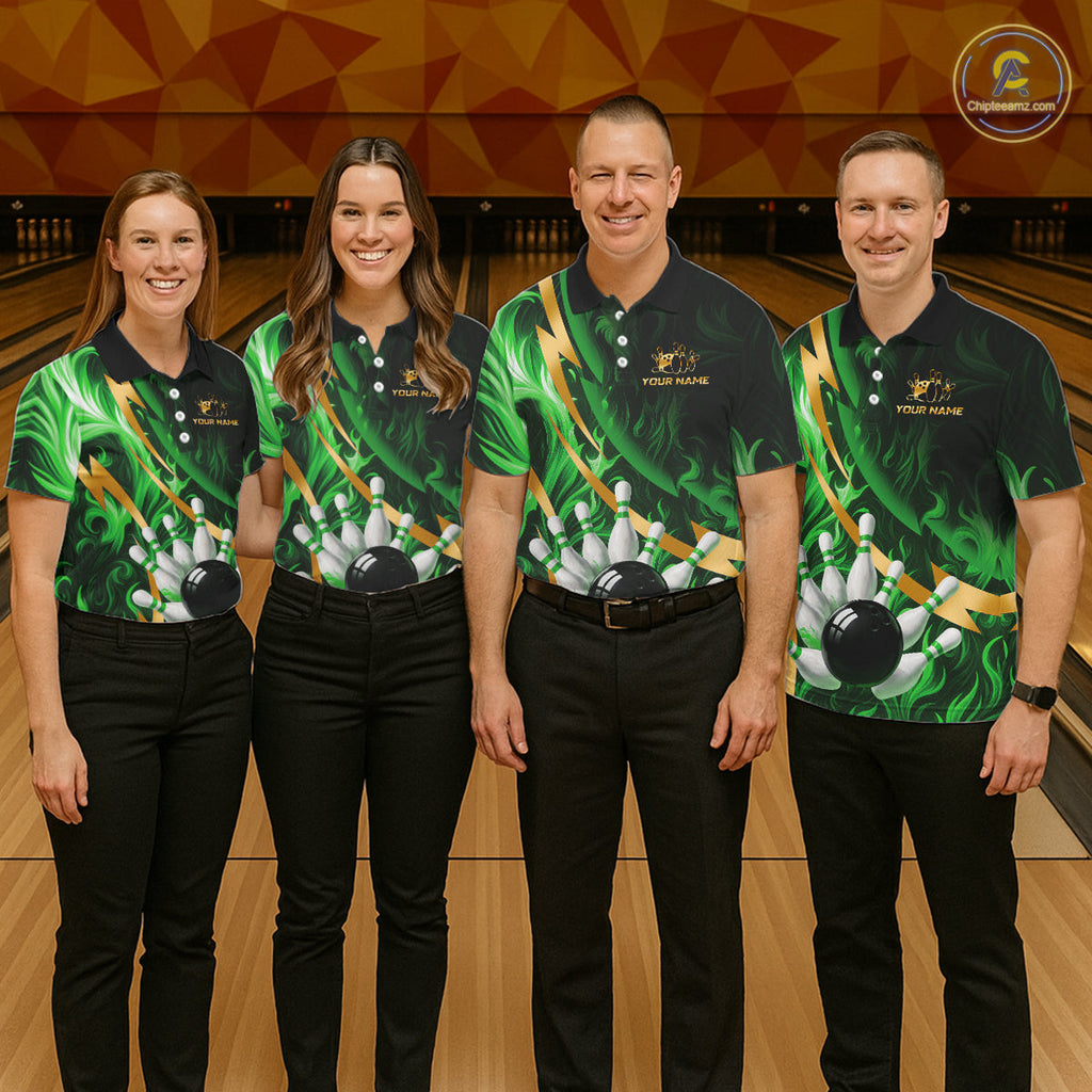 Personalized Bowling Polo, Quarter Zip Shirts Custom Green Flame and Gold Bowling Team Jersey
