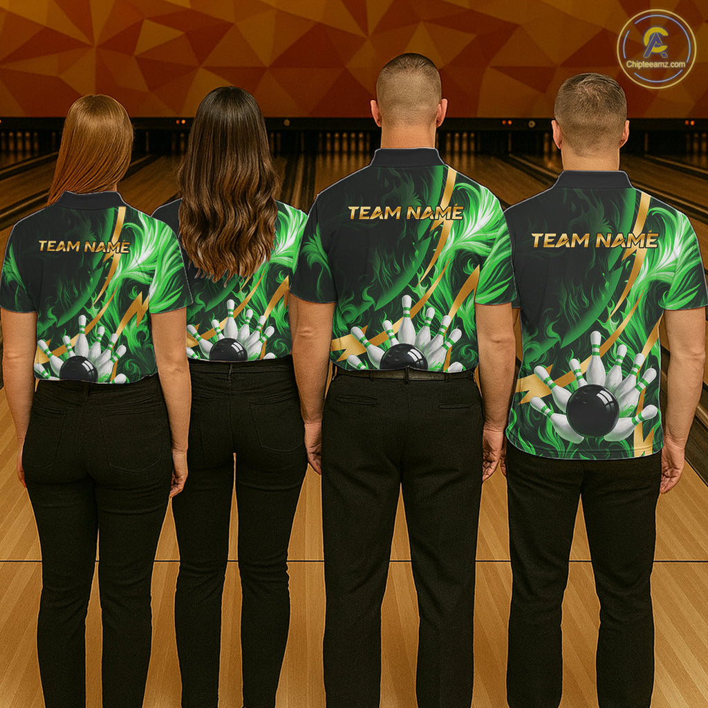 Personalized Bowling Polo, Quarter Zip Shirts Custom Green Flame and Gold Bowling Team Jersey