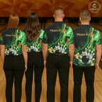 Personalized Bowling Polo, Quarter Zip Shirts Custom Green Flame and Gold Bowling Team Jersey
