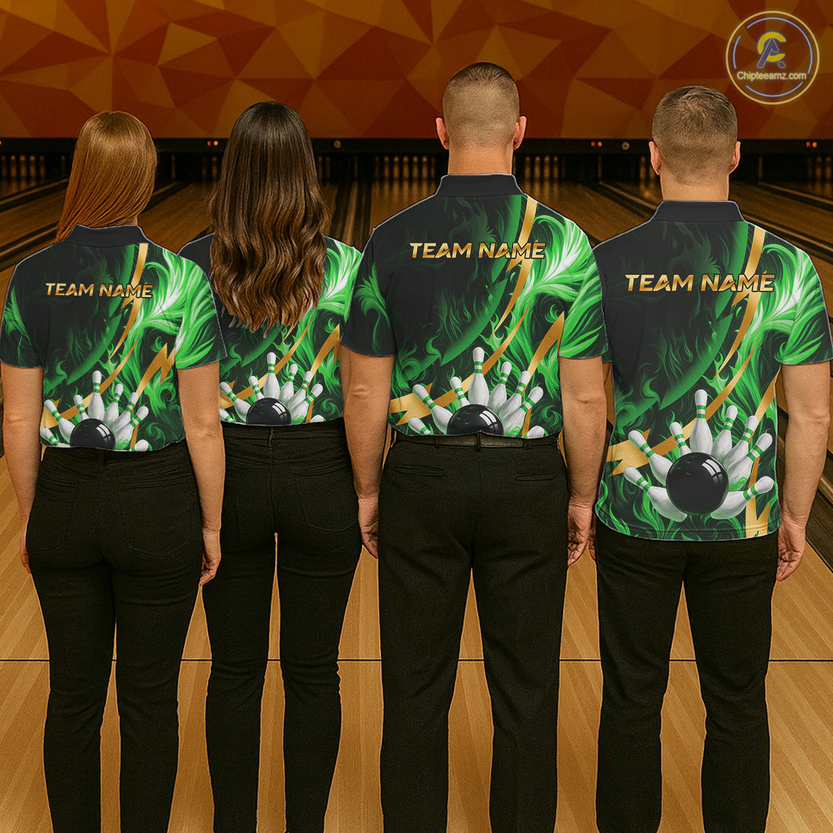 Personalized Bowling Polo, Quarter Zip Shirts Custom Green Flame and Gold Bowling Team Jersey