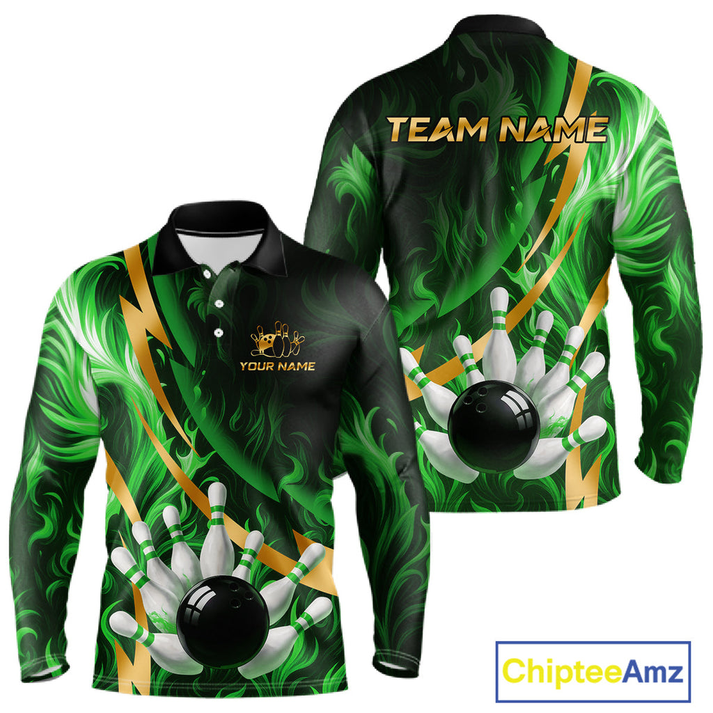 Personalized Bowling Polo, Quarter Zip Shirts Custom Green Flame and Gold Bowling Team Jersey