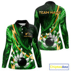 Personalized Bowling Polo, Quarter Zip Shirts Custom Green Flame & Gold Bowling Team Jersey