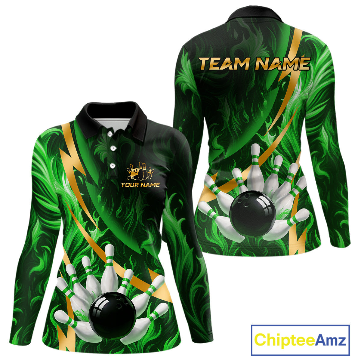Personalized Bowling Polo, Quarter Zip Shirts Custom Green Flame & Gold Bowling Team Jersey