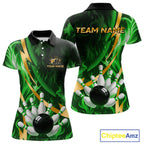 Personalized Bowling Polo, Quarter Zip Shirts Custom Green Flame & Gold Bowling Team Jersey
