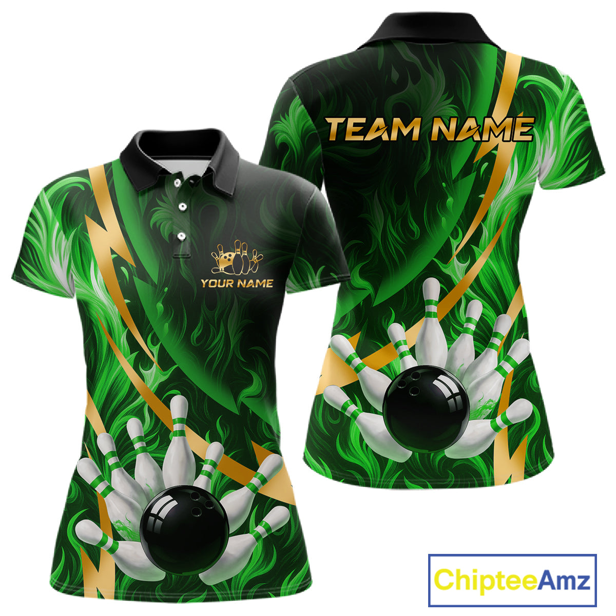 Personalized Bowling Polo, Quarter Zip Shirts Custom Green Flame & Gold Bowling Team Jersey