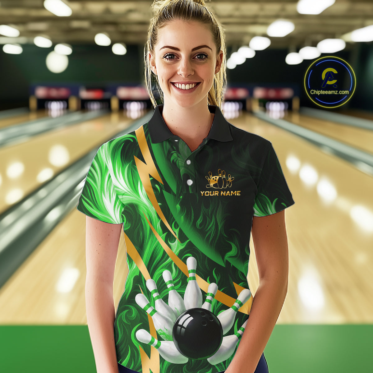 Personalized Bowling Polo, Quarter Zip Shirts Custom Green Flame & Gold Bowling Team Jersey