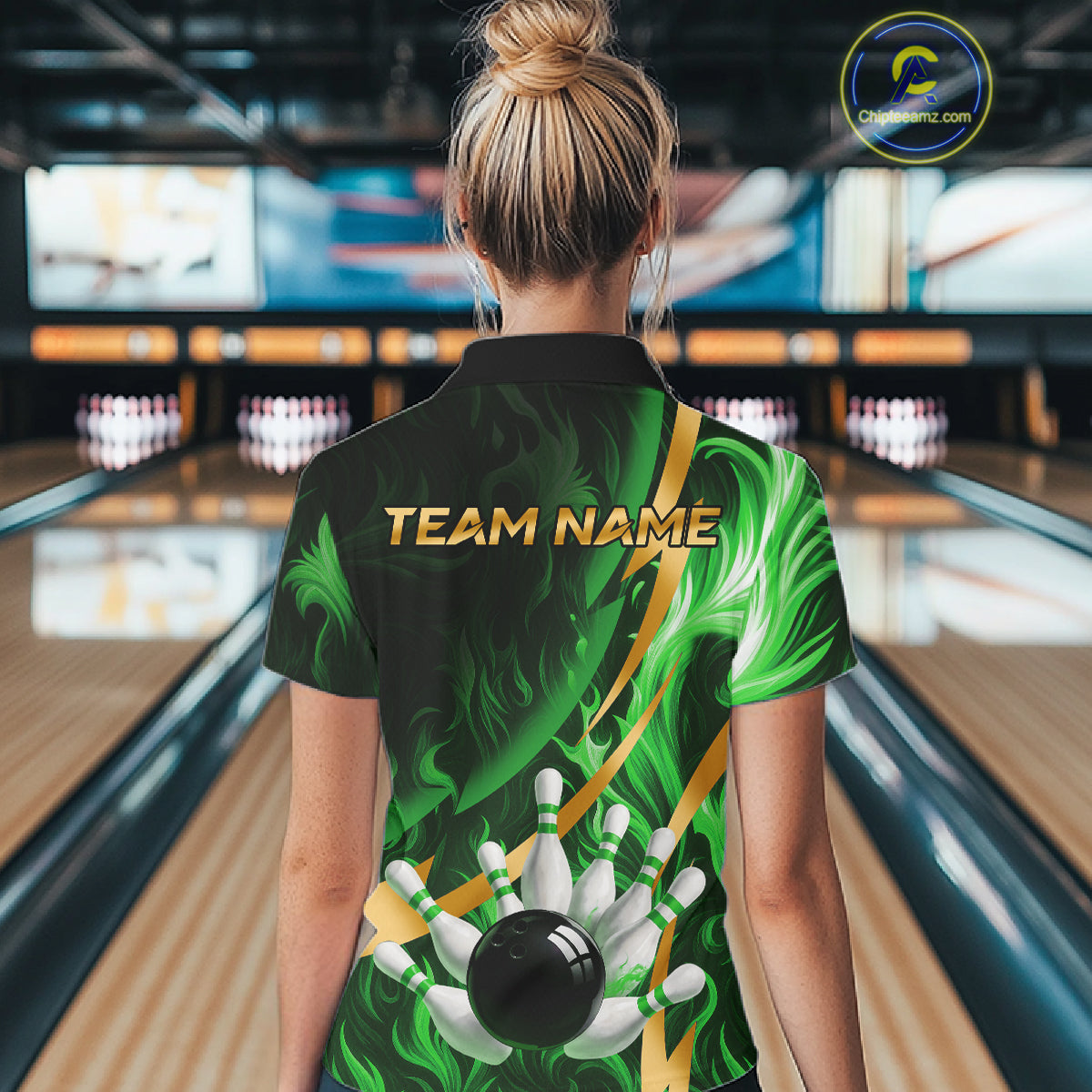 Personalized Bowling Polo, Quarter Zip Shirts Custom Green Flame & Gold Bowling Team Jersey