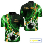 Personalized Bowling Polo, Quarter Zip Shirts Custom Green Flame and Gold Bowling Team Jersey
