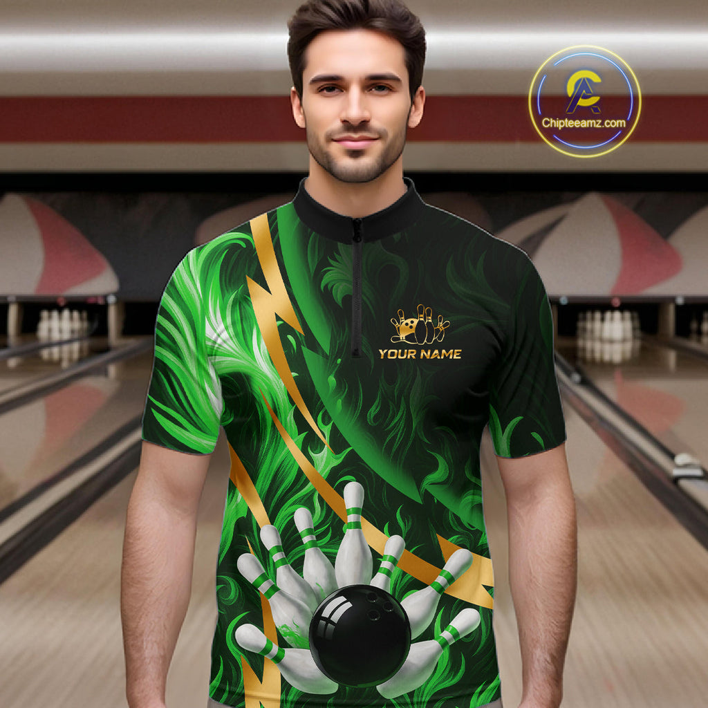 Personalized Bowling Polo, Quarter Zip Shirts Custom Green Flame and Gold Bowling Team Jersey