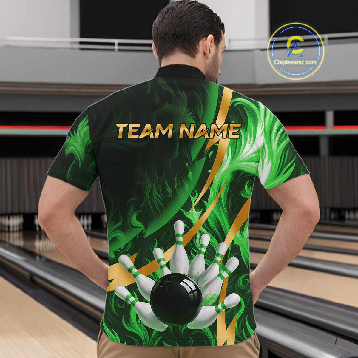 Personalized Bowling Polo, Quarter Zip Shirts Custom Green Flame and Gold Bowling Team Jersey