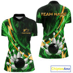 Personalized Bowling Polo, Quarter Zip Shirts Custom Green Flame & Gold Bowling Team Jersey