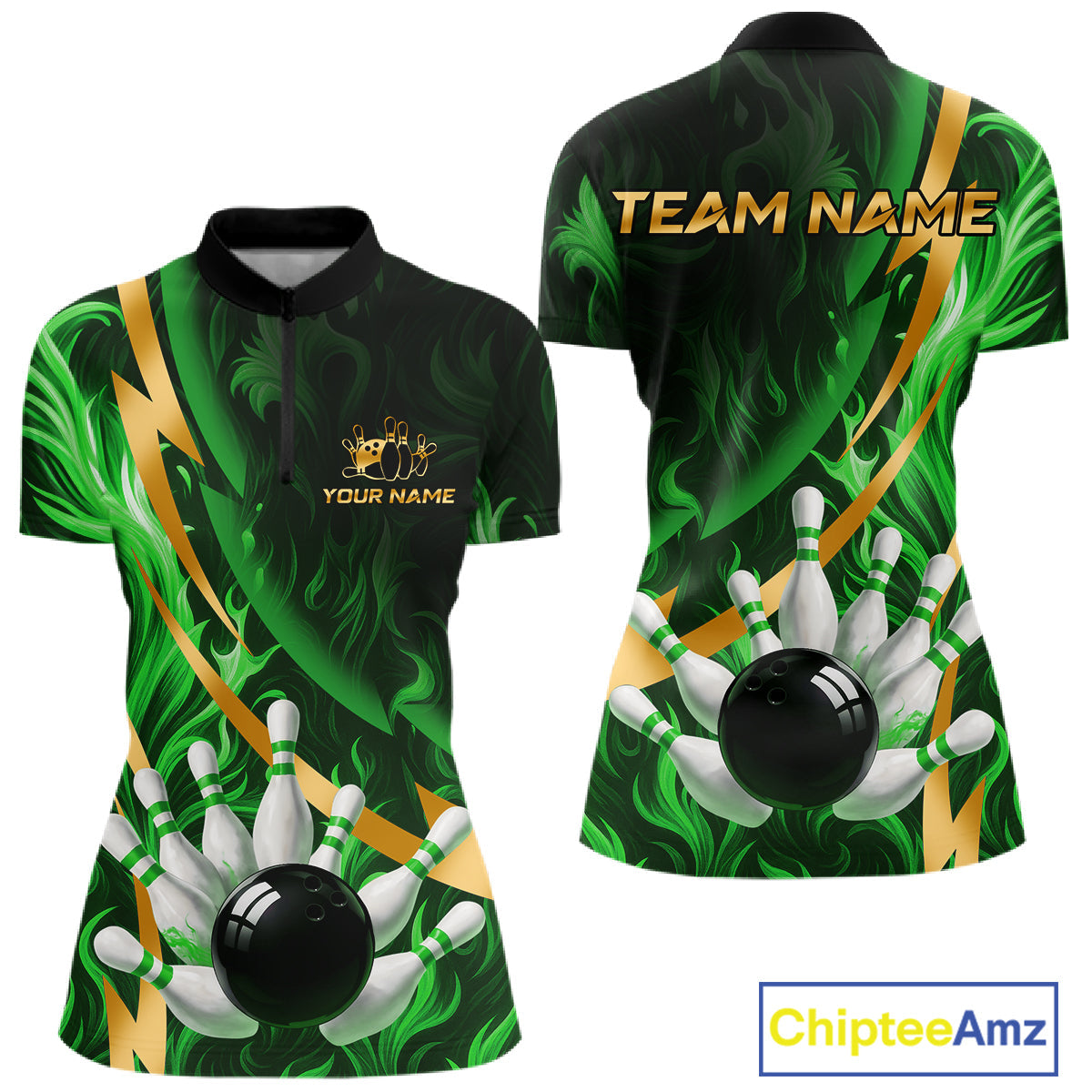 Personalized Bowling Polo, Quarter Zip Shirts Custom Green Flame & Gold Bowling Team Jersey