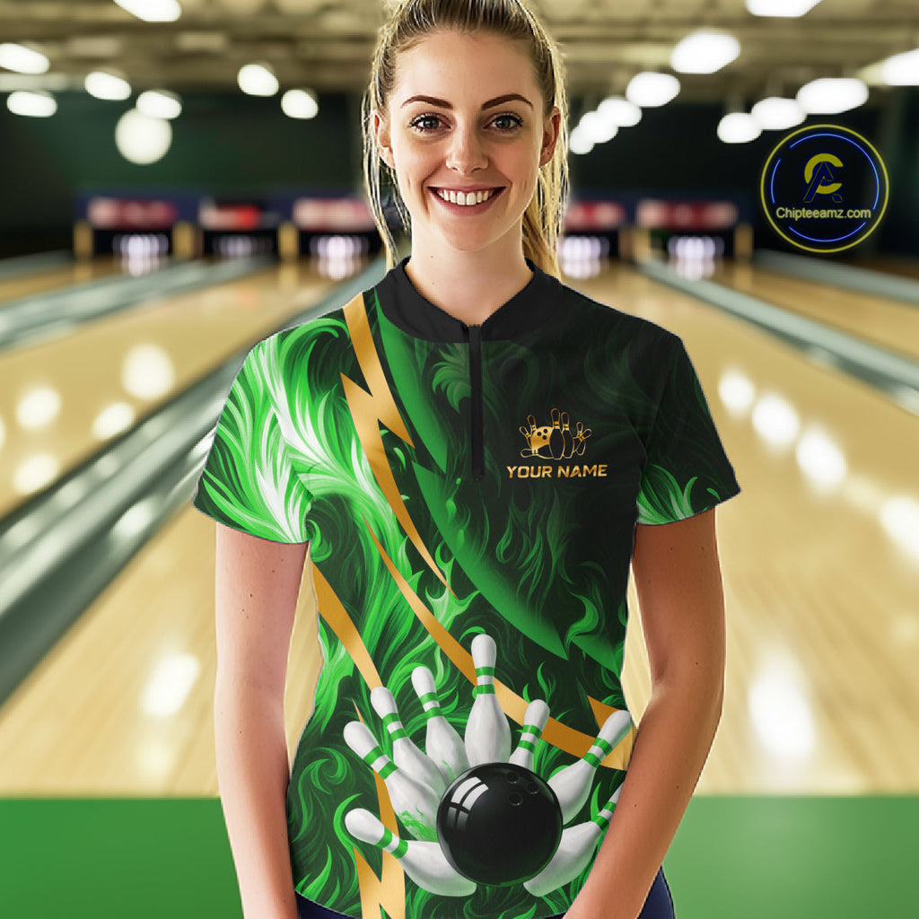 Personalized Bowling Polo, Quarter Zip Shirts Custom Green Flame & Gold Bowling Team Jersey