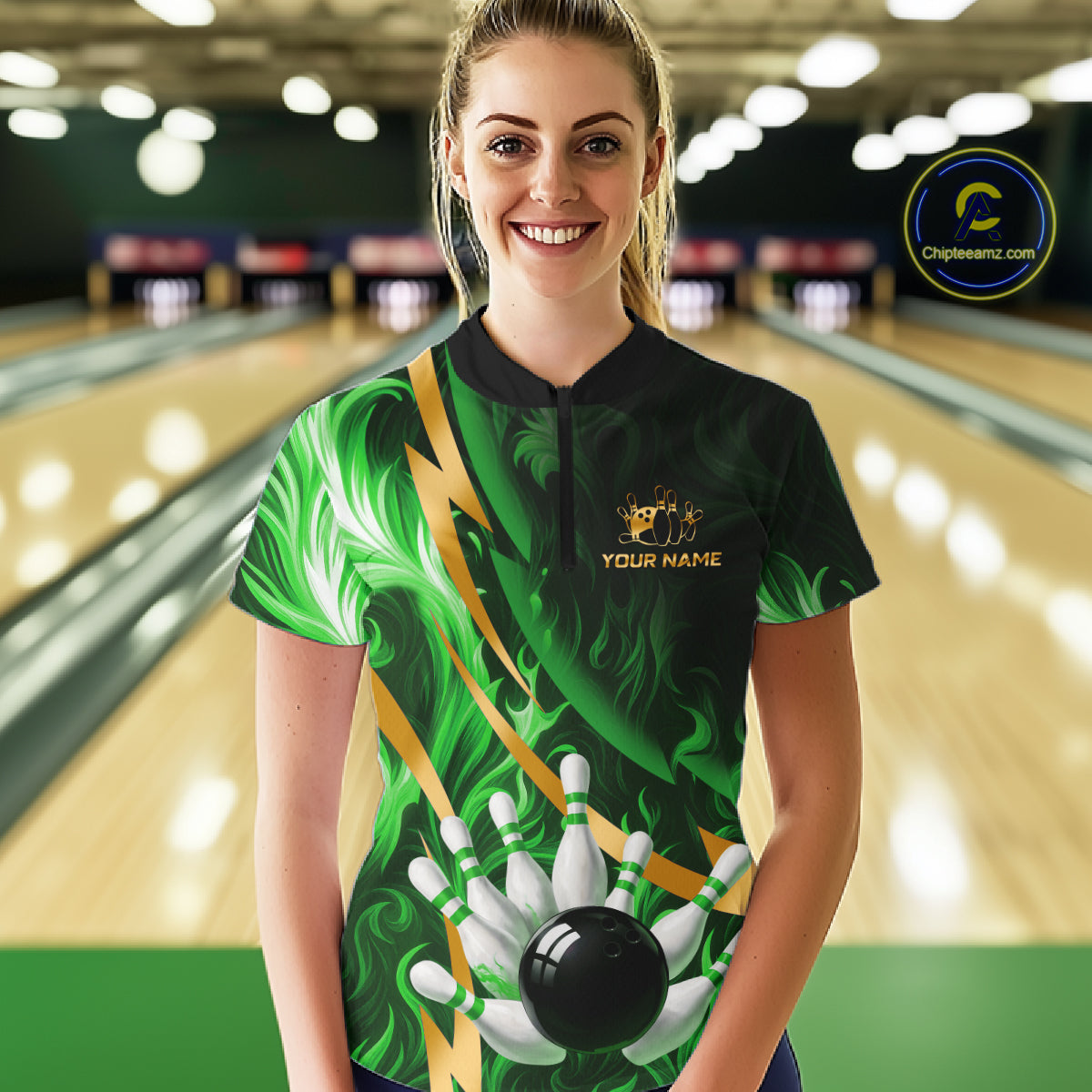 Personalized Bowling Polo, Quarter Zip Shirts Custom Green Flame & Gold Bowling Team Jersey