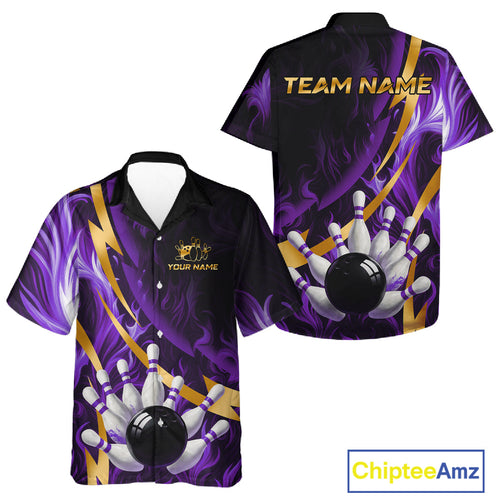 Personalized Bowling Hawaiian Shirt Custom Purple Flame and Gold Bowling Team Button Up Shirt