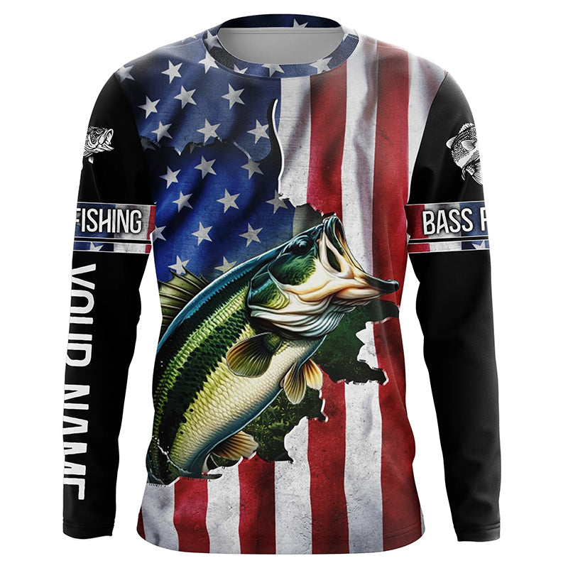 Largemouth Bass fishing American Flag Patriotic Fourth of July personalized fishing shirts
