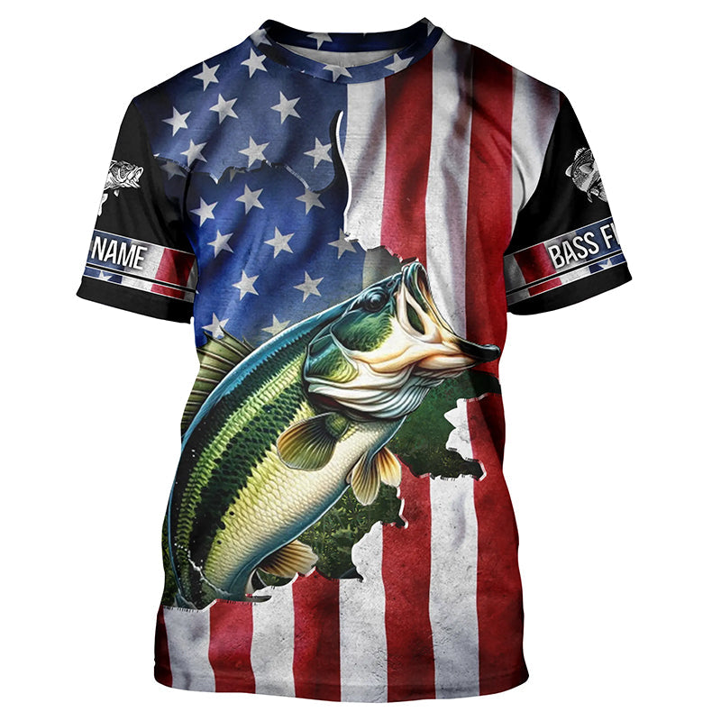 Largemouth Bass fishing American Flag Patriotic Fourth of July personalized fishing shirts
