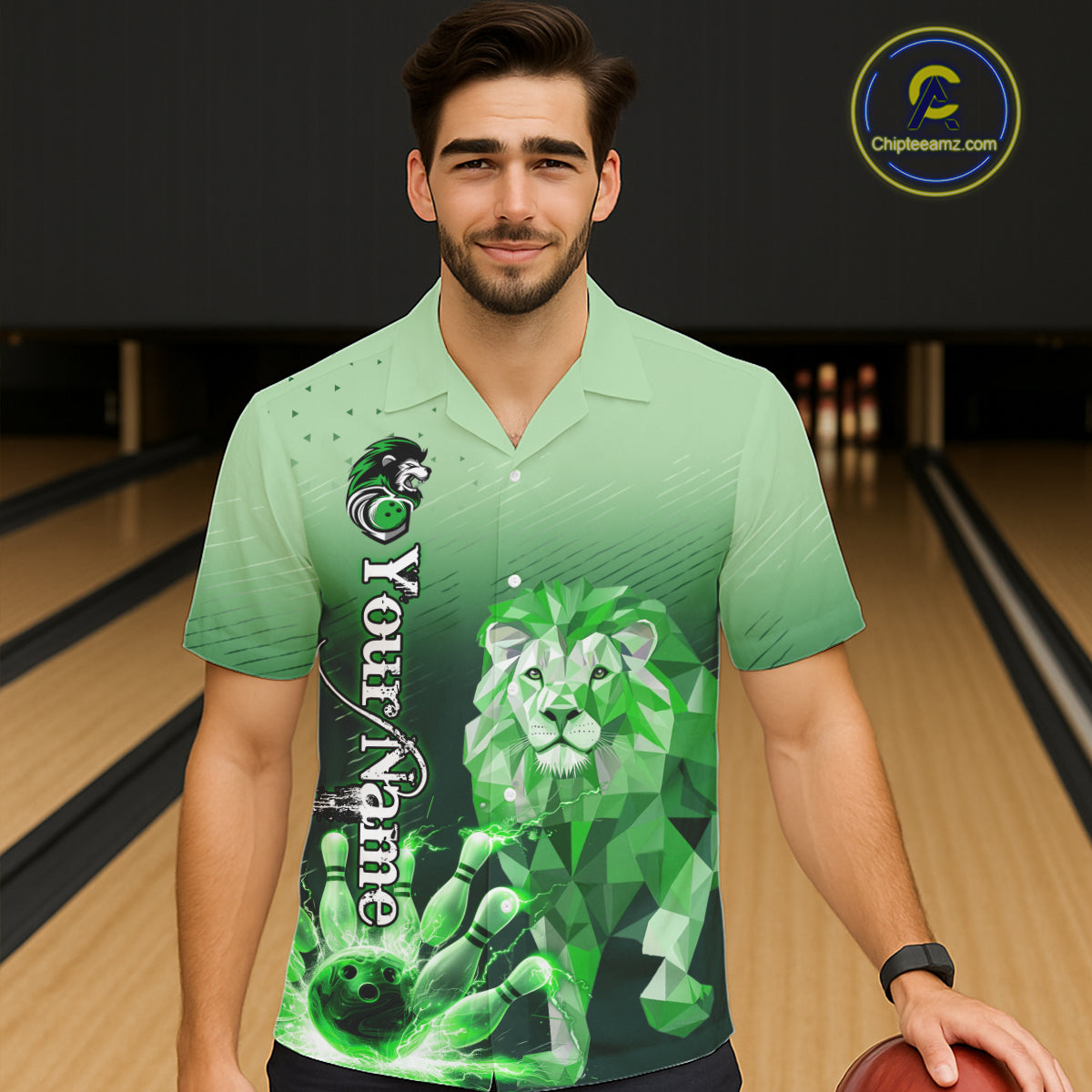 Green Lightning Lion Bowling Hawaiian Shirt Custom Lion Bowling Team jerseys