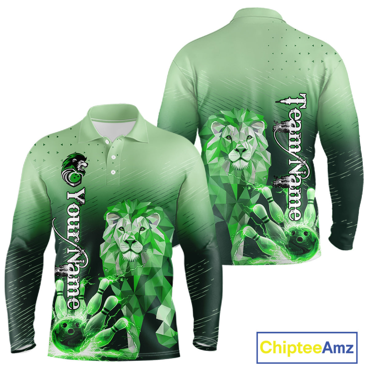 Green Lightning Lion Bowling Polo, Quarter Zip Shirts Custom Lion Bowling Team jerseys