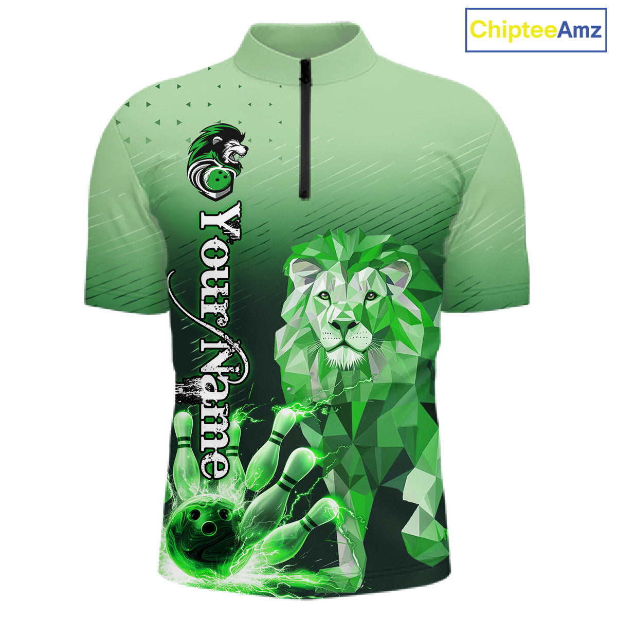 Green Lightning Lion Bowling Polo, Quarter Zip Shirts Custom Lion Bowling Team jerseys