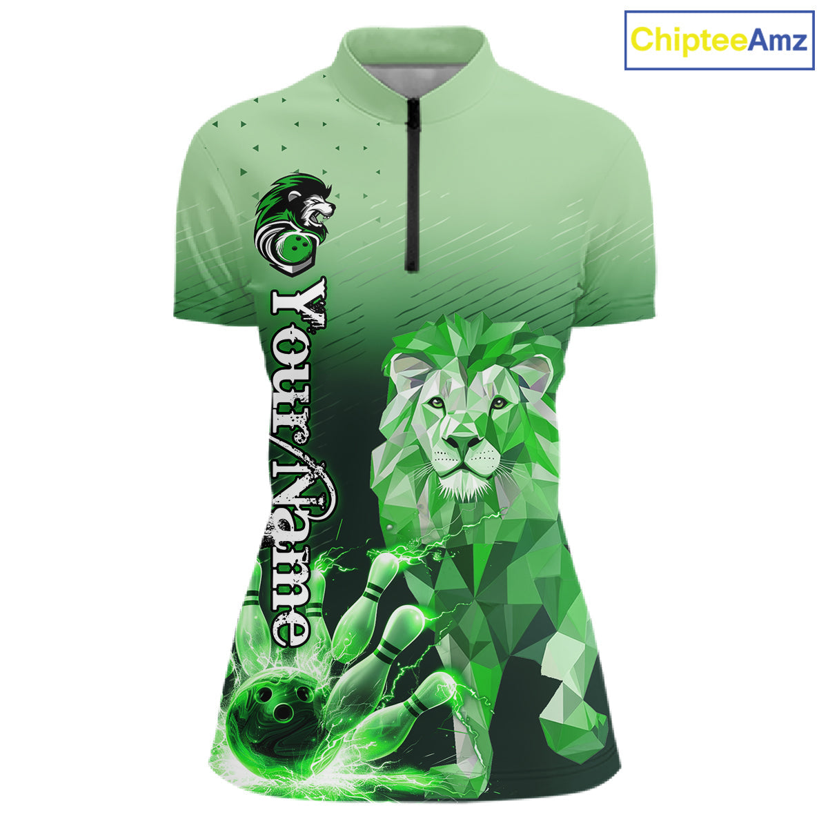 Green Lightning Lion Bowling Polo, Quarter Zip Shirts Custom Lion Bowling Team jerseys