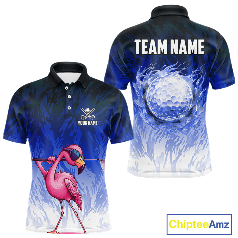 Funny Flamingo Blue camo flame golf ball Golf Polo Shirts Custom Flamingo Golf attire