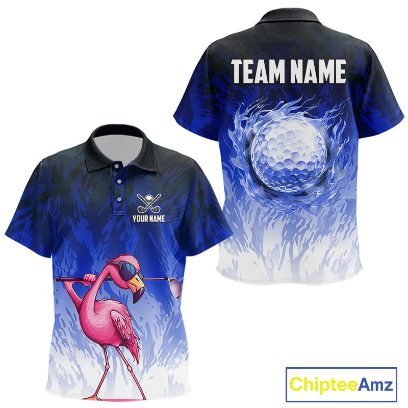 Funny Flamingo Blue camo flame golf ball Golf Polo Shirt Custom Golf tops