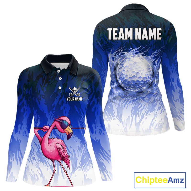 Funny Flamingo Blue camo flame golf ball Golf Polo Shirt Custom Flamingo Golf attire