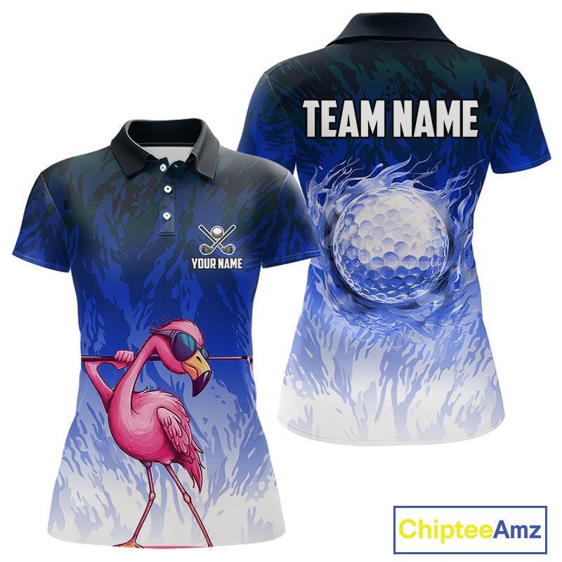 Funny Flamingo Blue camo flame golf ball Golf Polo Shirt Custom Flamingo Golf attire
