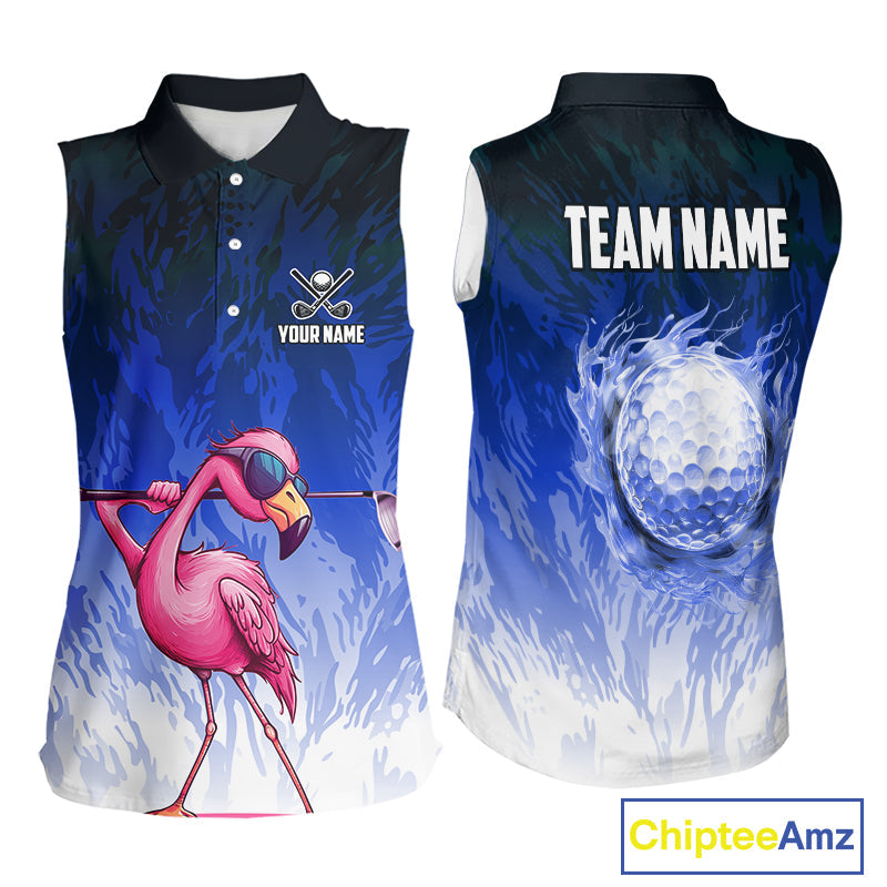 Funny Flamingo Blue camo flame golf ball Golf Sleeveless Polo Shirt Custom Golf tops