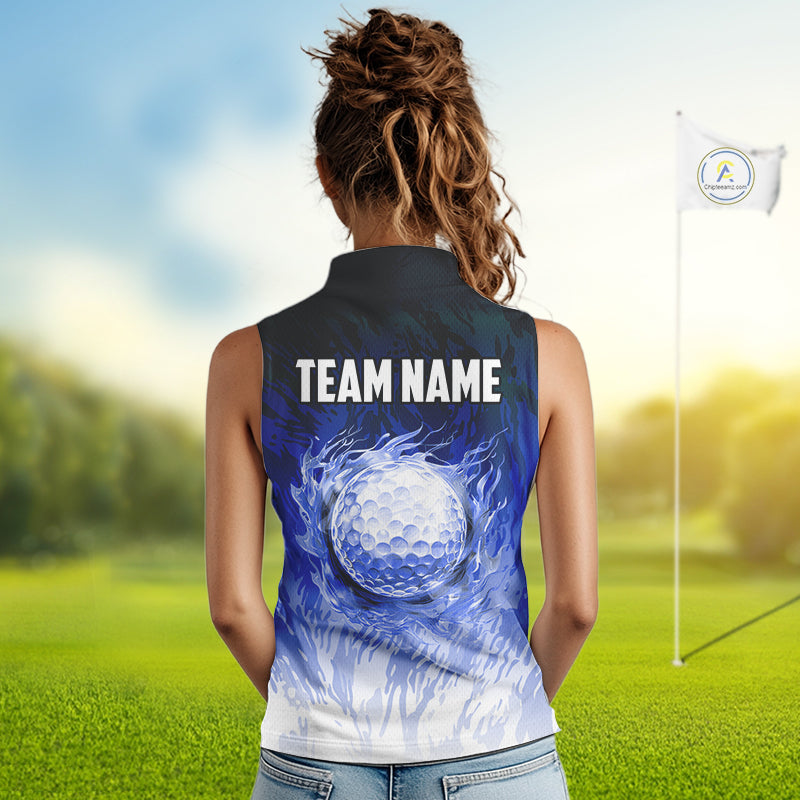 Funny Flamingo Blue camo flame golf ball Golf Sleeveless Polo Shirt Custom Golf tops