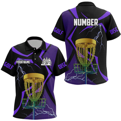 Black & Purple disc golf polos shirt custom lightning thunder disc golf basket, disc golf gift