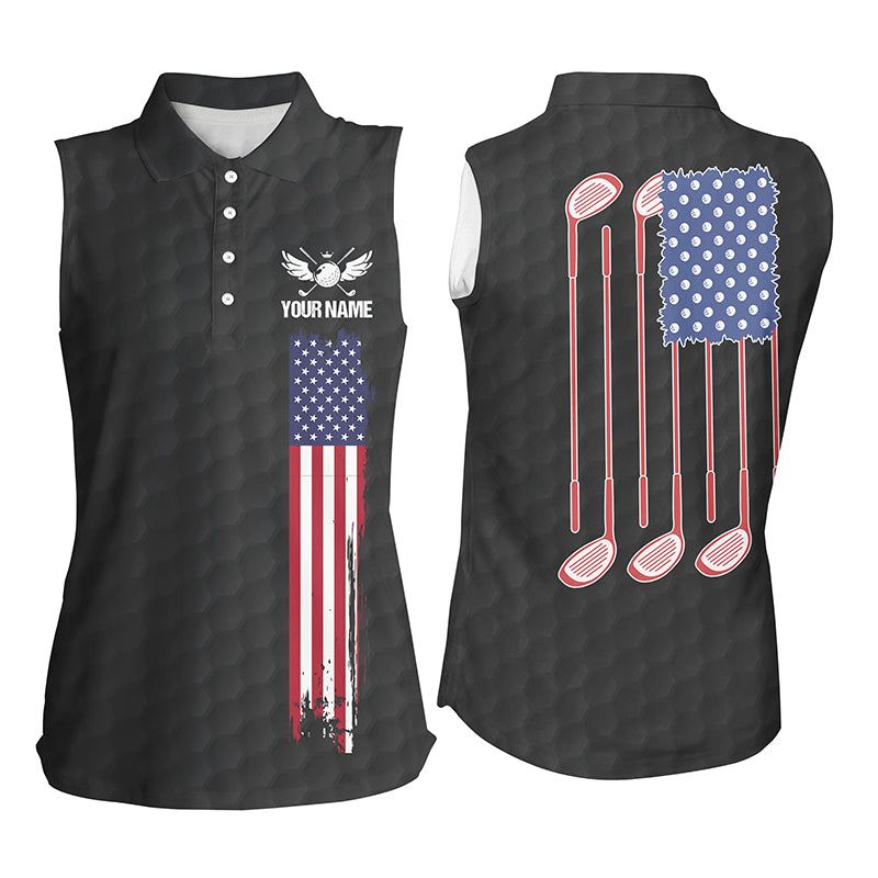 sleeveless golf polo shirts golf clubs American flag custom patriotic Black golf shirt