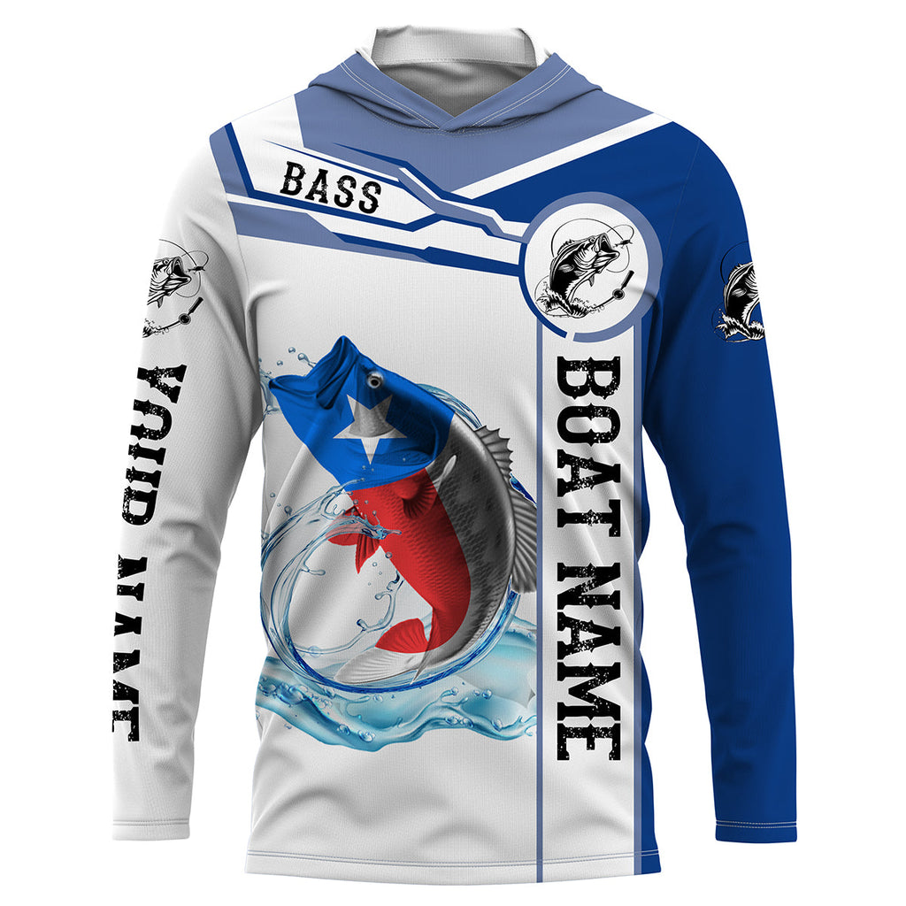 Texas Bass Fishing Texas Flag Custom name and boat name performance Long Sleeve Fishing Shirts, Patriotic Fishing gifts