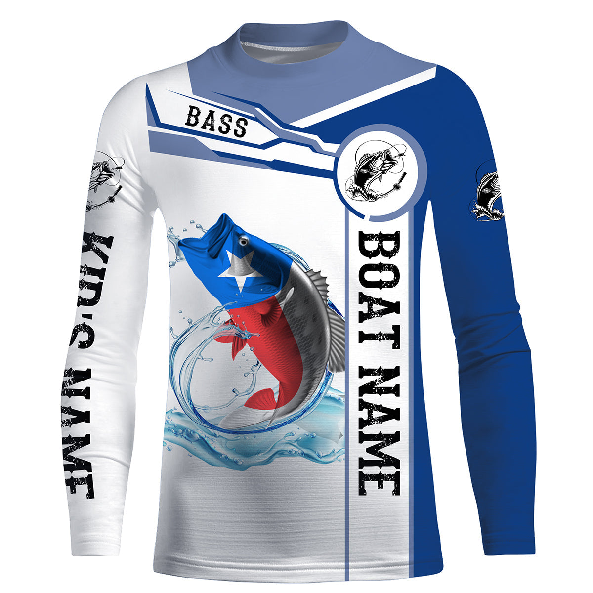 Texas Bass Fishing Texas Flag Custom name and boat name performance Long Sleeve Fishing Shirts, Patriotic Fishing gifts