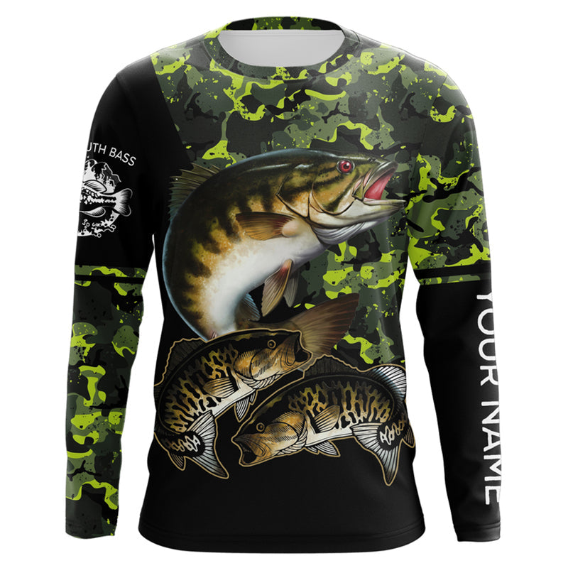 Smallmouth Bass fishing black green camo custom name sun protection long sleeve fishing shirts