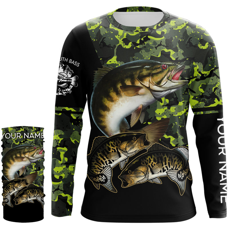 Smallmouth Bass fishing black green camo custom name sun protection long sleeve fishing shirts
