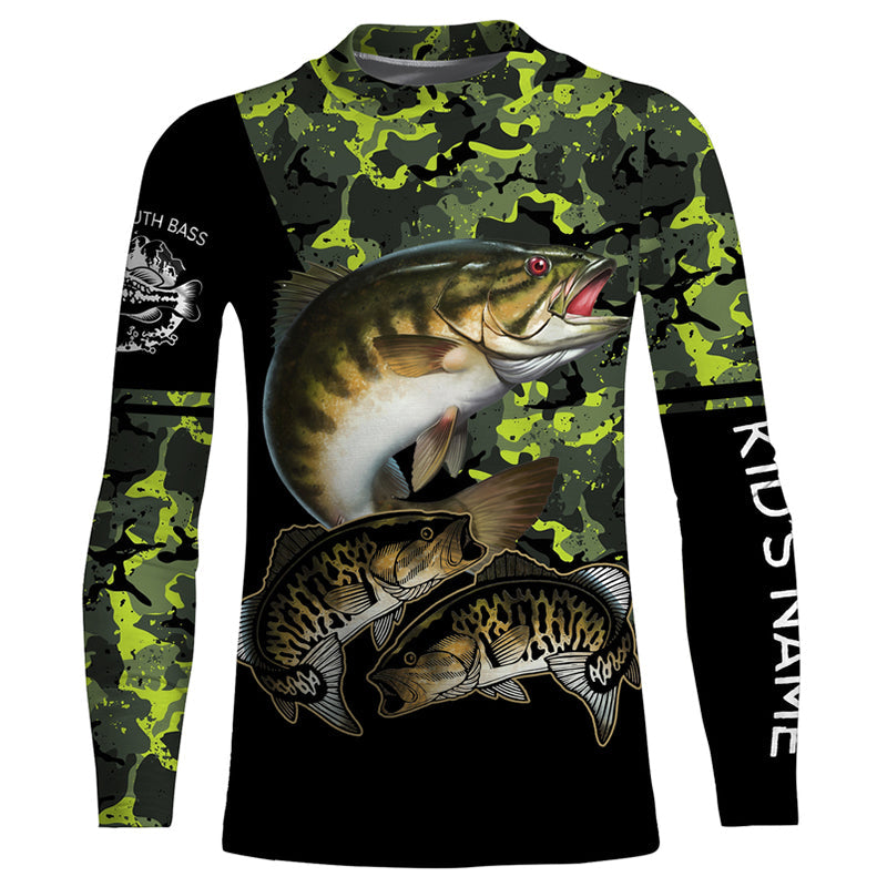 Smallmouth Bass fishing black green camo custom name sun protection long sleeve fishing shirts