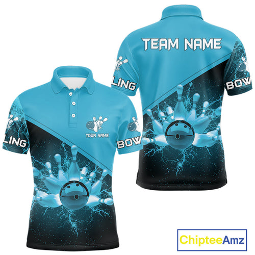 bowling polo, 1/4 zip shirts Custom light blue lightning thunder Bowling Team Jersey Bowlers Gift
