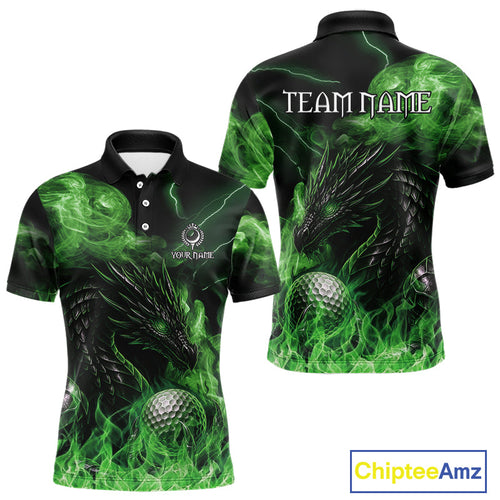 Green Flame Dragon Golf polo shirts Custom Dragon team golf outfits, gift for golf lover
