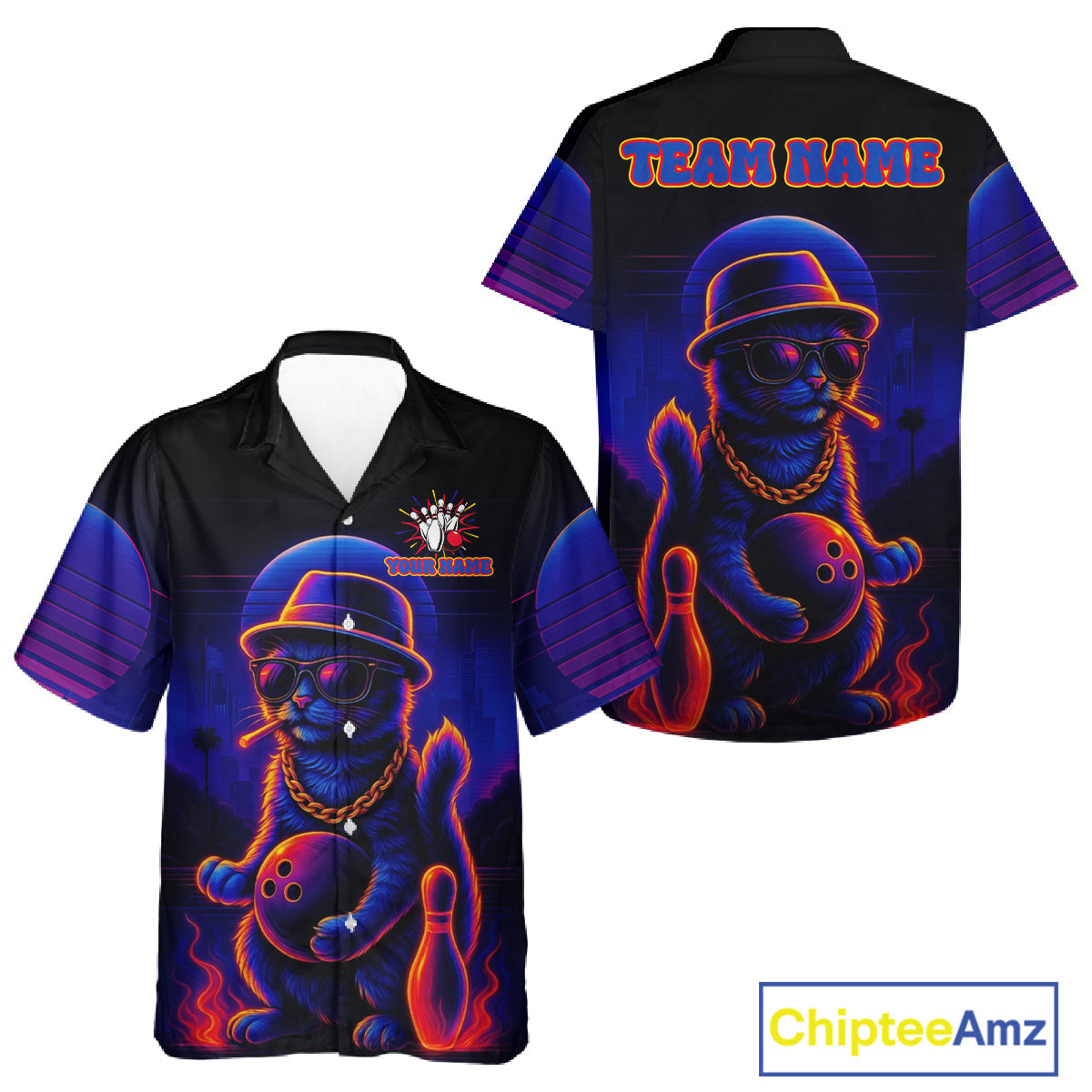 Custom Funny Cat Neon Bowling Hawaiian Shirt Bowling Uniform Button-up Bowling Team Shirts