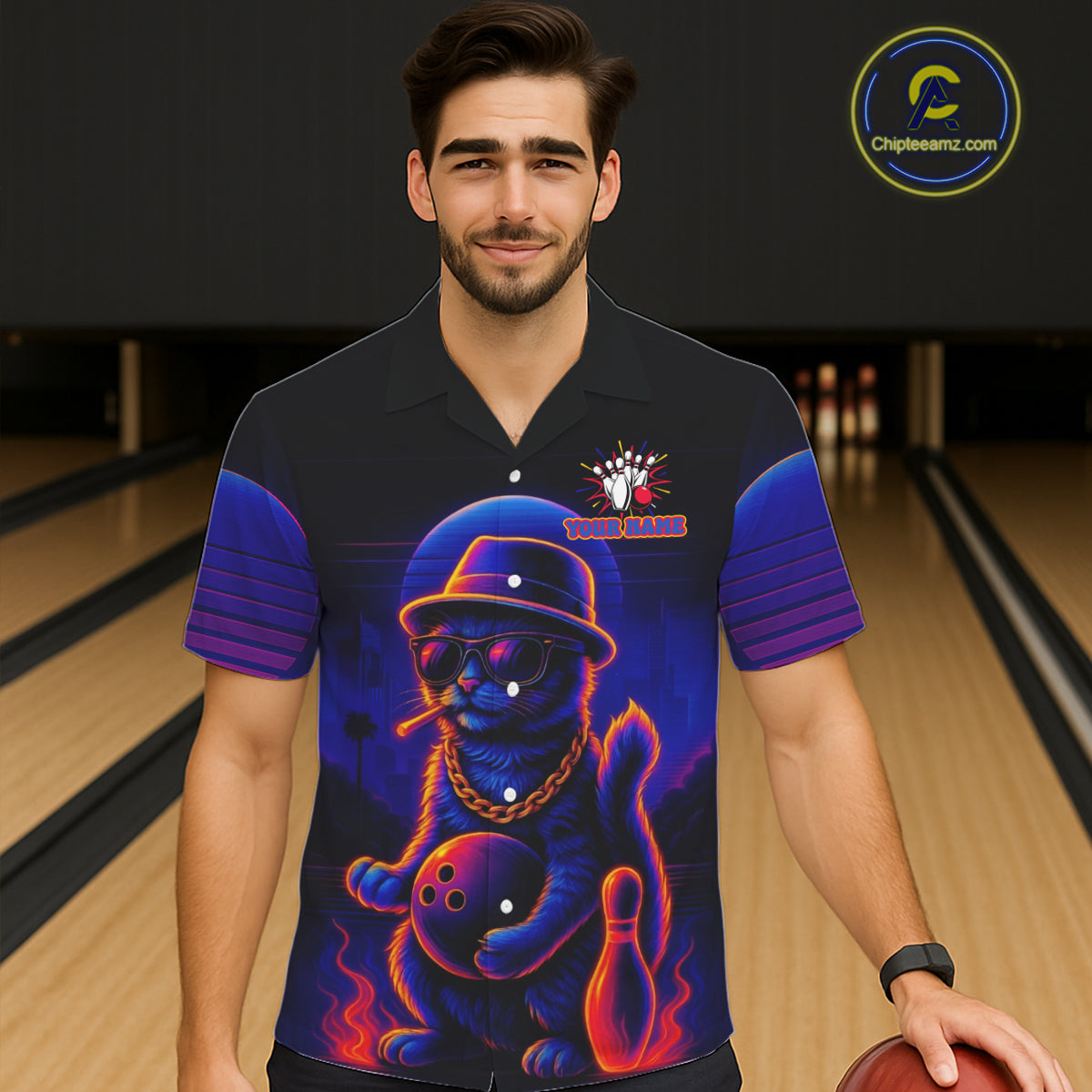 Custom Funny Cat Neon Bowling Hawaiian Shirt Bowling Uniform Button-up Bowling Team Shirts