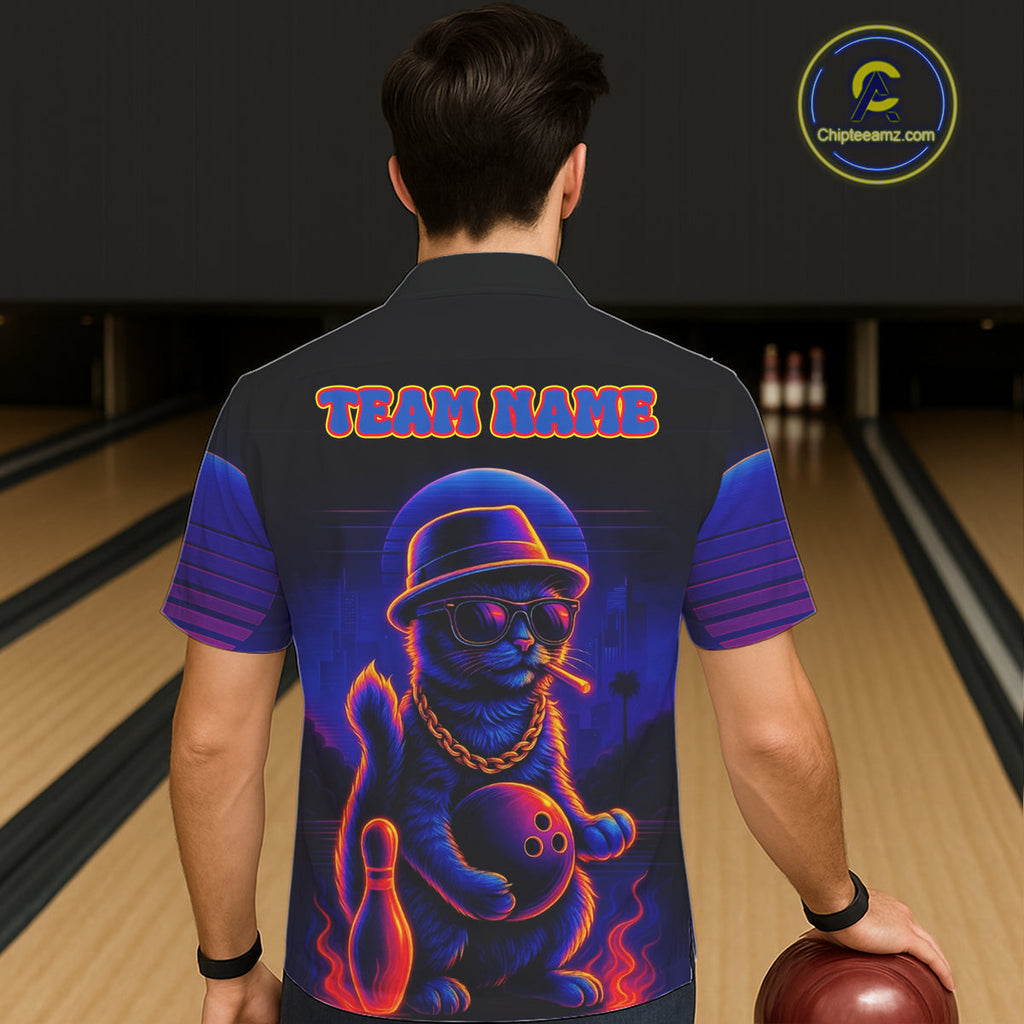 Custom Funny Cat Neon Bowling Hawaiian Shirt Bowling Uniform Button-up Bowling Team Shirts